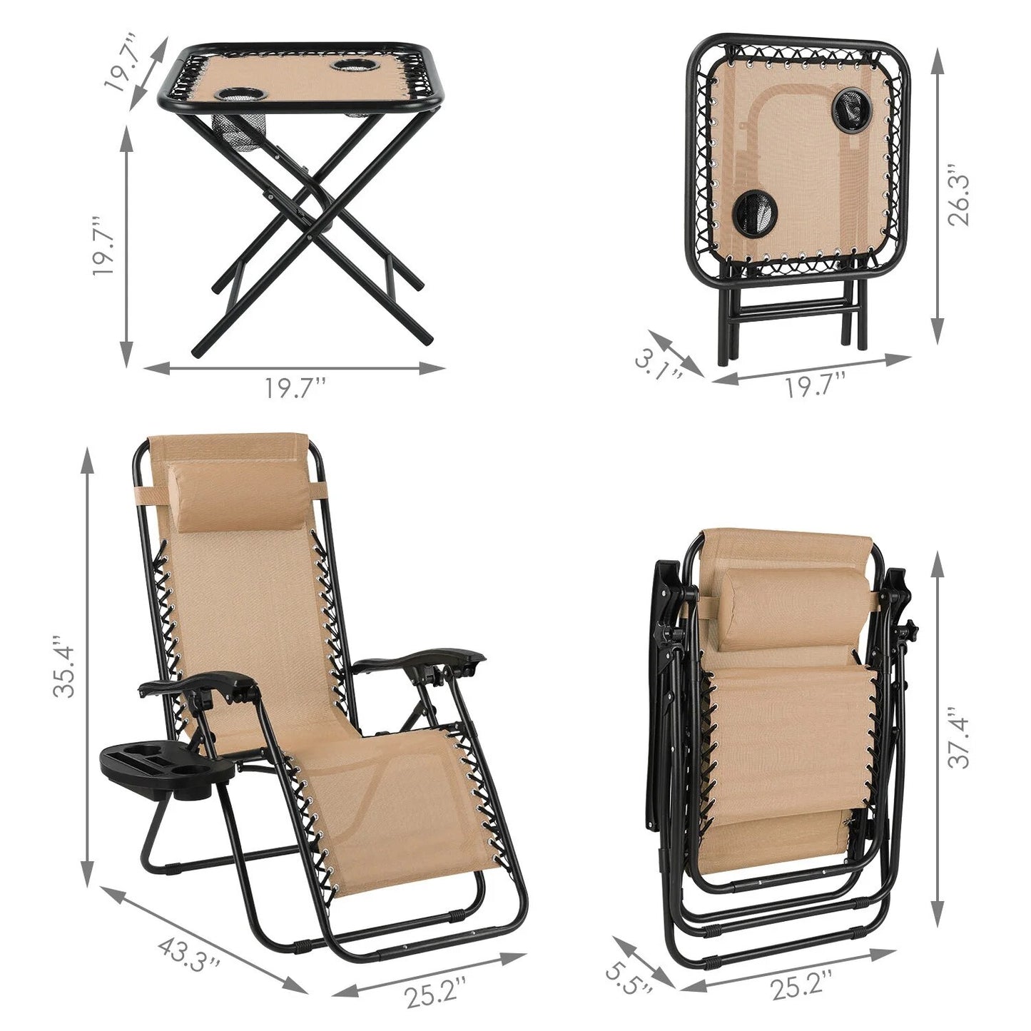 Zero Gravity Chair Foldable with Side Table,Cup Holder,Adjustable Head Cushion for Garden Outdoor